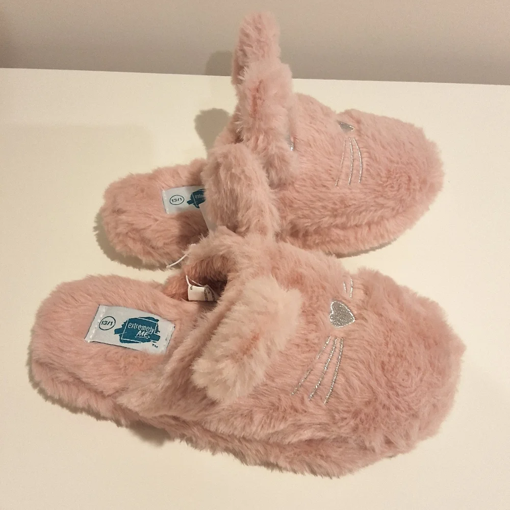 Pink Plush Bunny Girls Slippers Soft Cozy Novelty House Shoes, Size 13-1, NWT